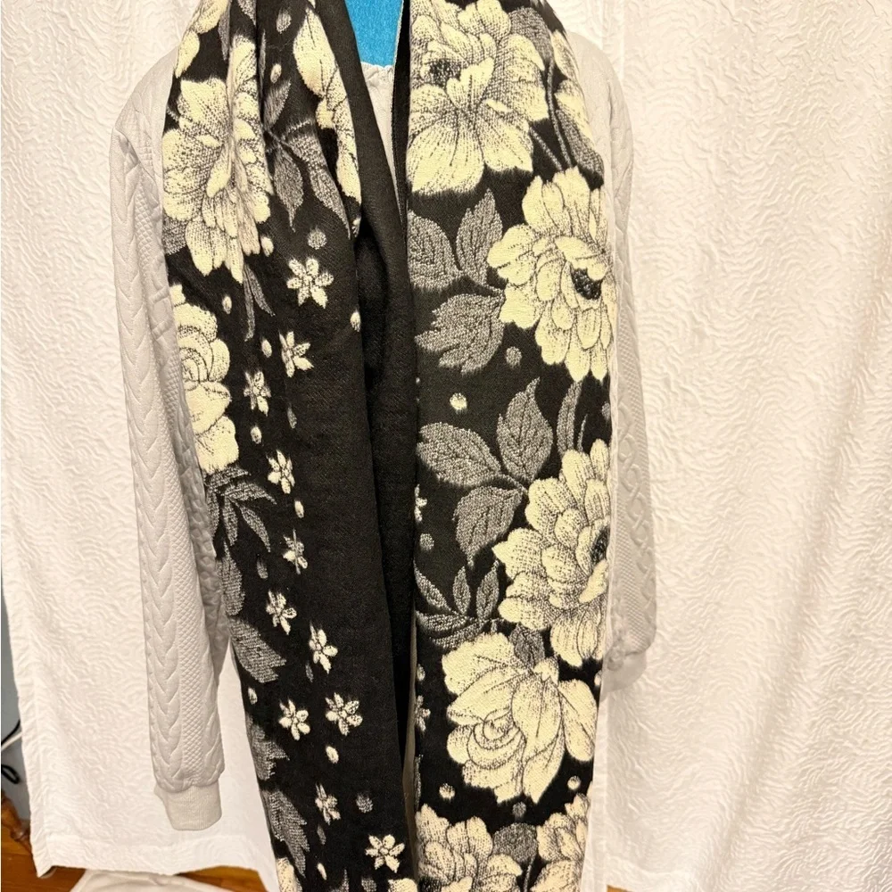 Large Floral Black and Cream Reversible Shawl,Scarf, Poncho.